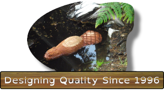 A beaver carving floating in a pond with a sign underneath that reads designing quality since 1996.
