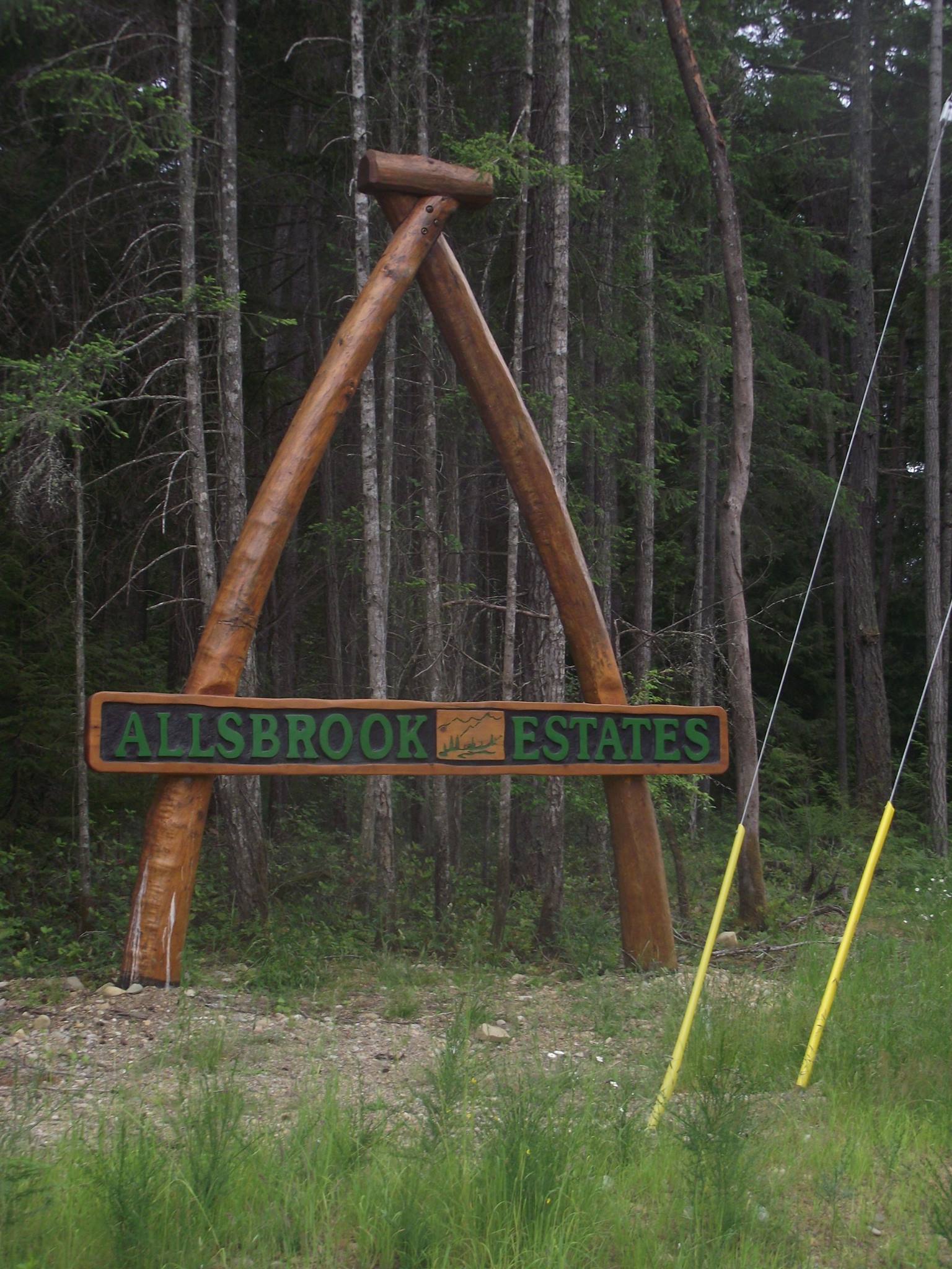  24-foot log sign, Allsbrook Estates, fancy Capital A.