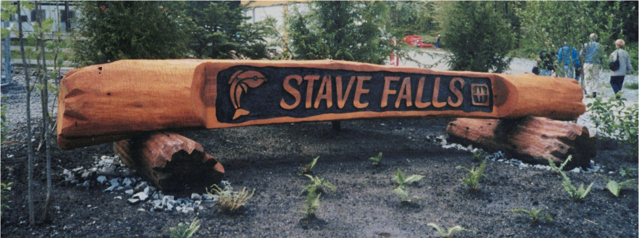 Stave Falls cedar log sign, 24 feet wide.
