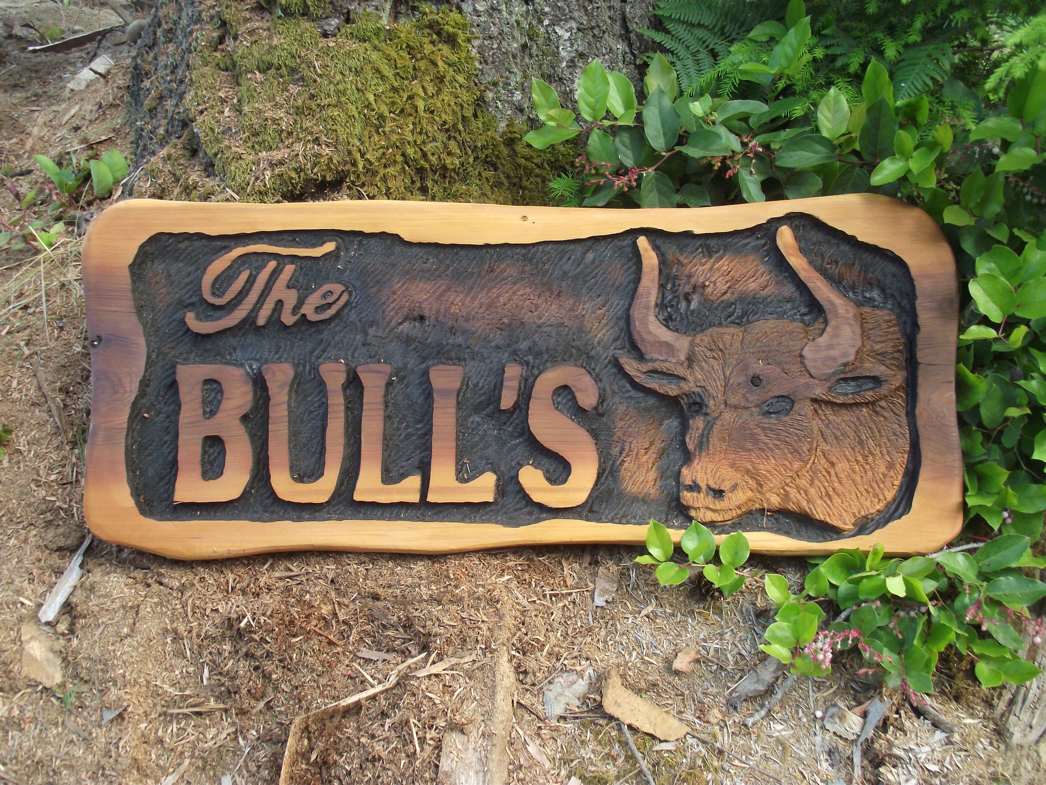 The Bull's - 36 Inch Wide By 20 Inches High: Handcrafted Cedar Sign With A Bull.